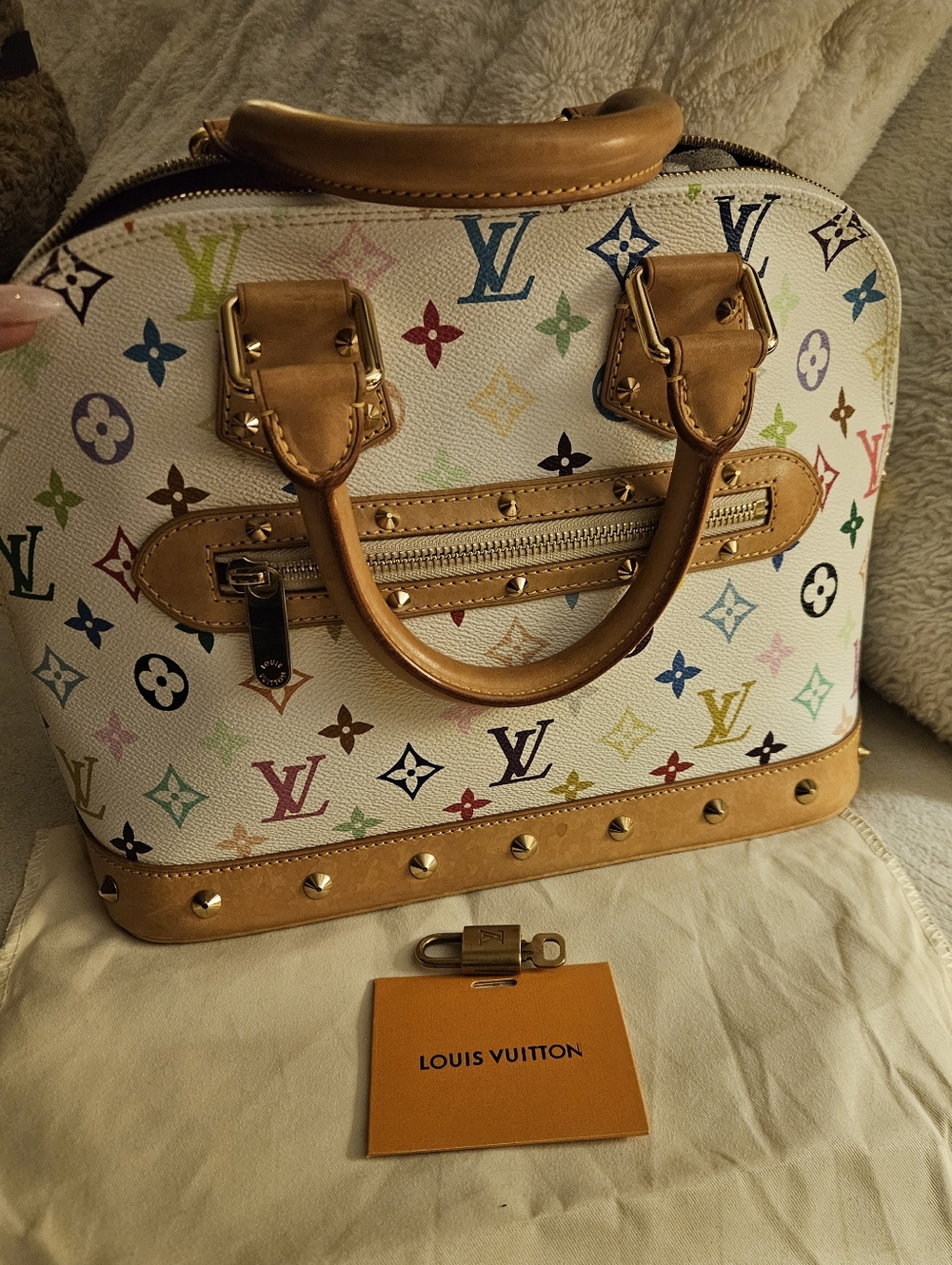Authentic Louis Vuitton White Multicolor Monogram Alma PM Satchel W/Lock & Key - Picture 11 of 14